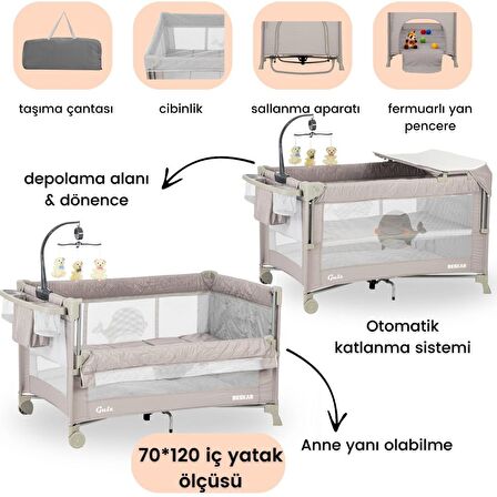 Gulz Beskar Anne Yanı Sallanır Cibinlikli Dönenceli Alt Açmalı Oyun Parkı Bebek Beşik 70X120 cm